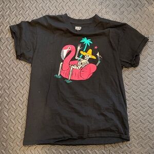Black Graphic Tee with Flamingo Design